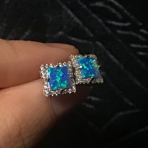 Princess cut blue opal halo setting earrings